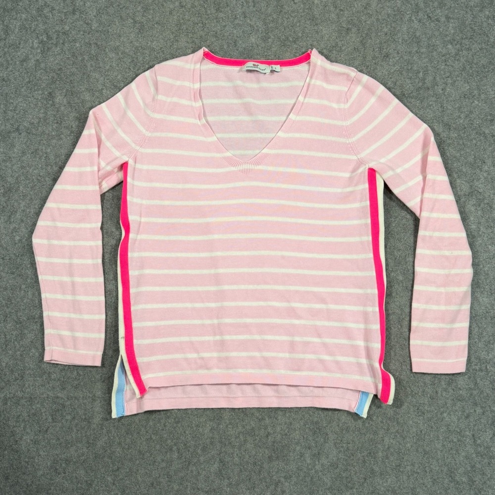 Vineyard Vines Pink Side-Stripe Poplin V-Neck Sweater Women's Size Small